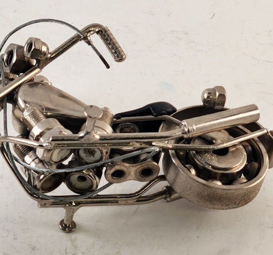 Homemade Chopper Motorcycle Scrap Art Uses Nuts Bolts Bearings Spark Plugs More