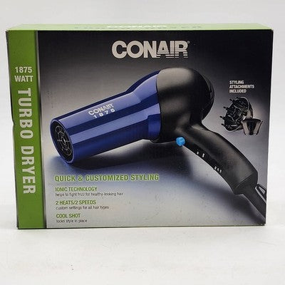 Conair Blue & Black Turbo Hair Dryer with Diffuser & Concentrator 1875 Watt NIB