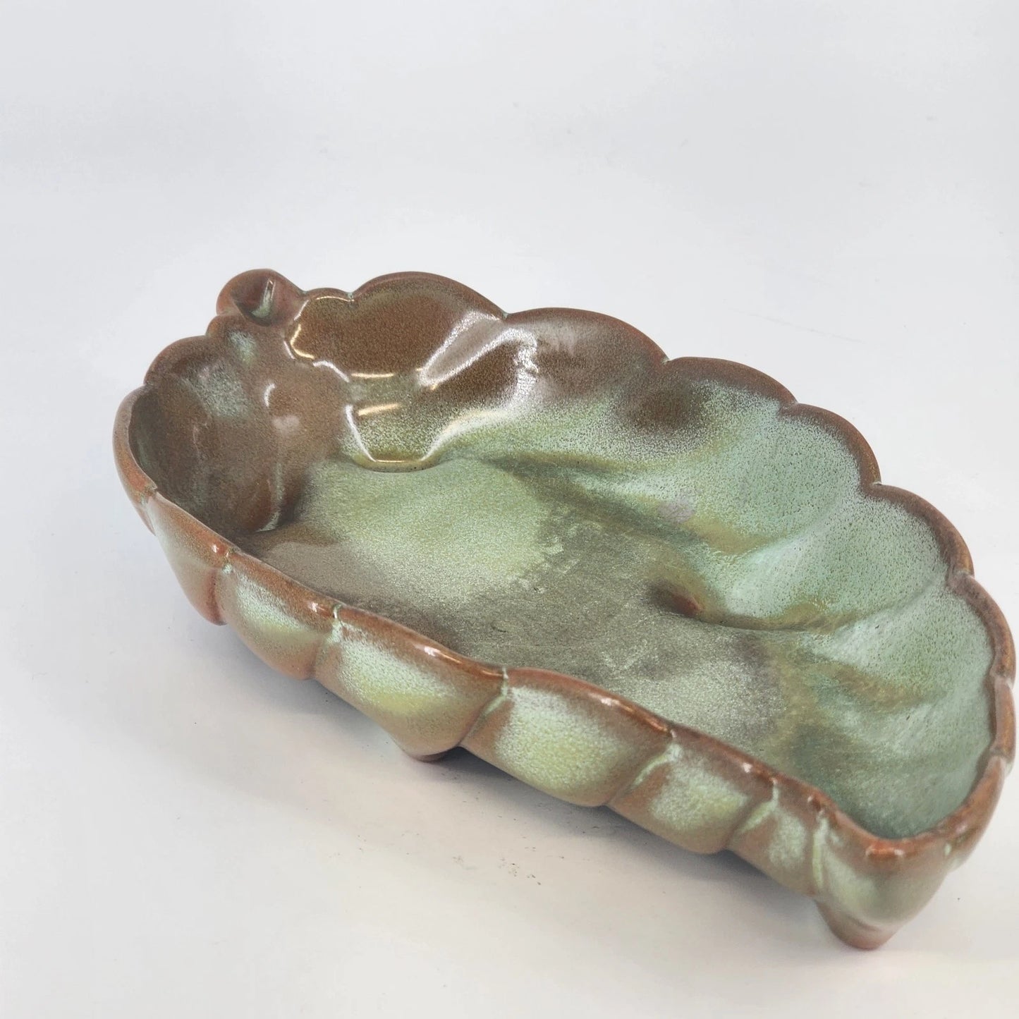Frankoma Pottery Prairie Green Leaf Dish 225 Footed Serving Tray Oklahoma Clay