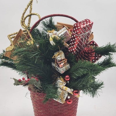 Pine Basket Christmas Centerpiece 15" Pinecone Greenery w Gifts & Music Symbols