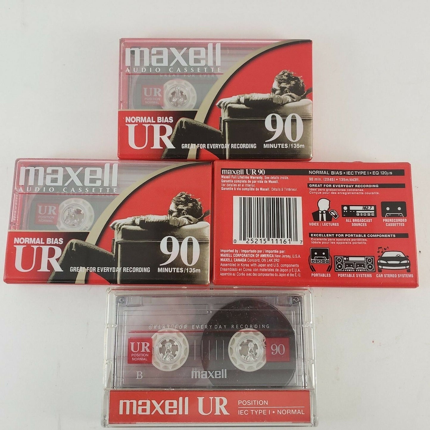 3 Sealed Maxell UR90 Tape Audio Cassette 90 Minute 135m Normal Bias + 1 Open