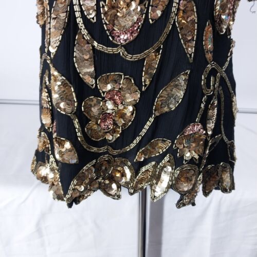 Steney Silk Top Gold Sequin Floral Leaf Short Sleeve Zipper Closure Sz L AS IS