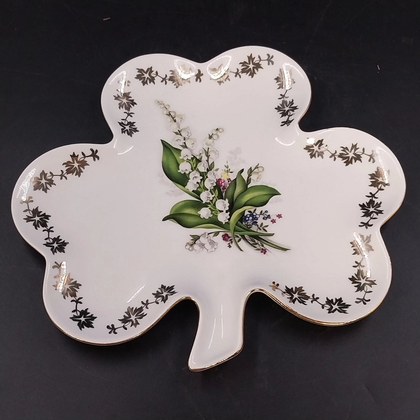 Handmade Czech Porcelain Clover Plate Lily of the Valley Gold Trim Trinket Dish
