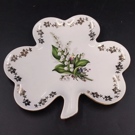 Handmade Czech Porcelain Clover Plate Lily of the Valley Gold Trim Trinket Dish
