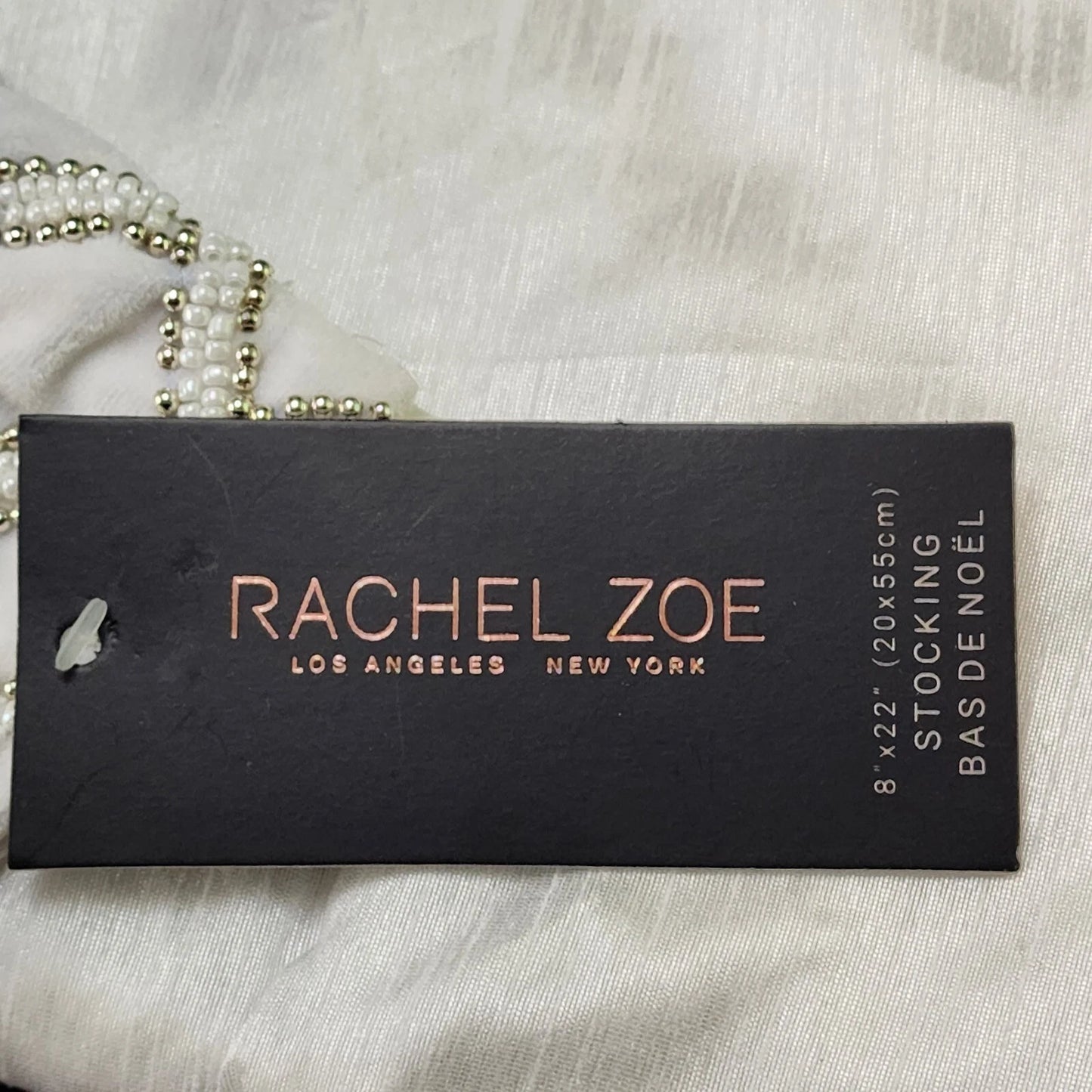 Rachel Zoe Christmas Stocking Silver White Beaded 8"x22" Diamond Polyester NWT