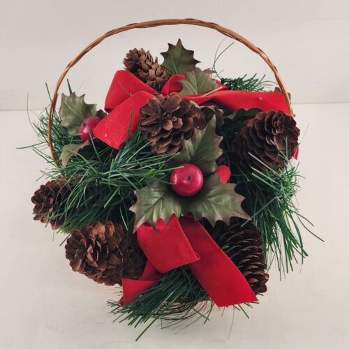 Christmas Basket Centerpiece Pinecone Holly Berries Greenery Vintage Wicker 8"