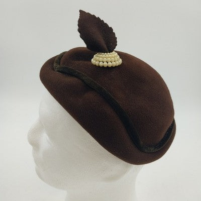 Genuine Velour Ladies Brown Felt Hat with Leaf and Round White Pearl Accent