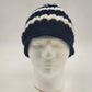 Handmade Crochet Messy Bun Beanie Hat Navy Blue White Striped Ponytail Cap New