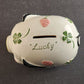 Enarco Japan Lucky Piggy Bank Ceramic Vintage 1960s White 4 Leaf Clover Stopper