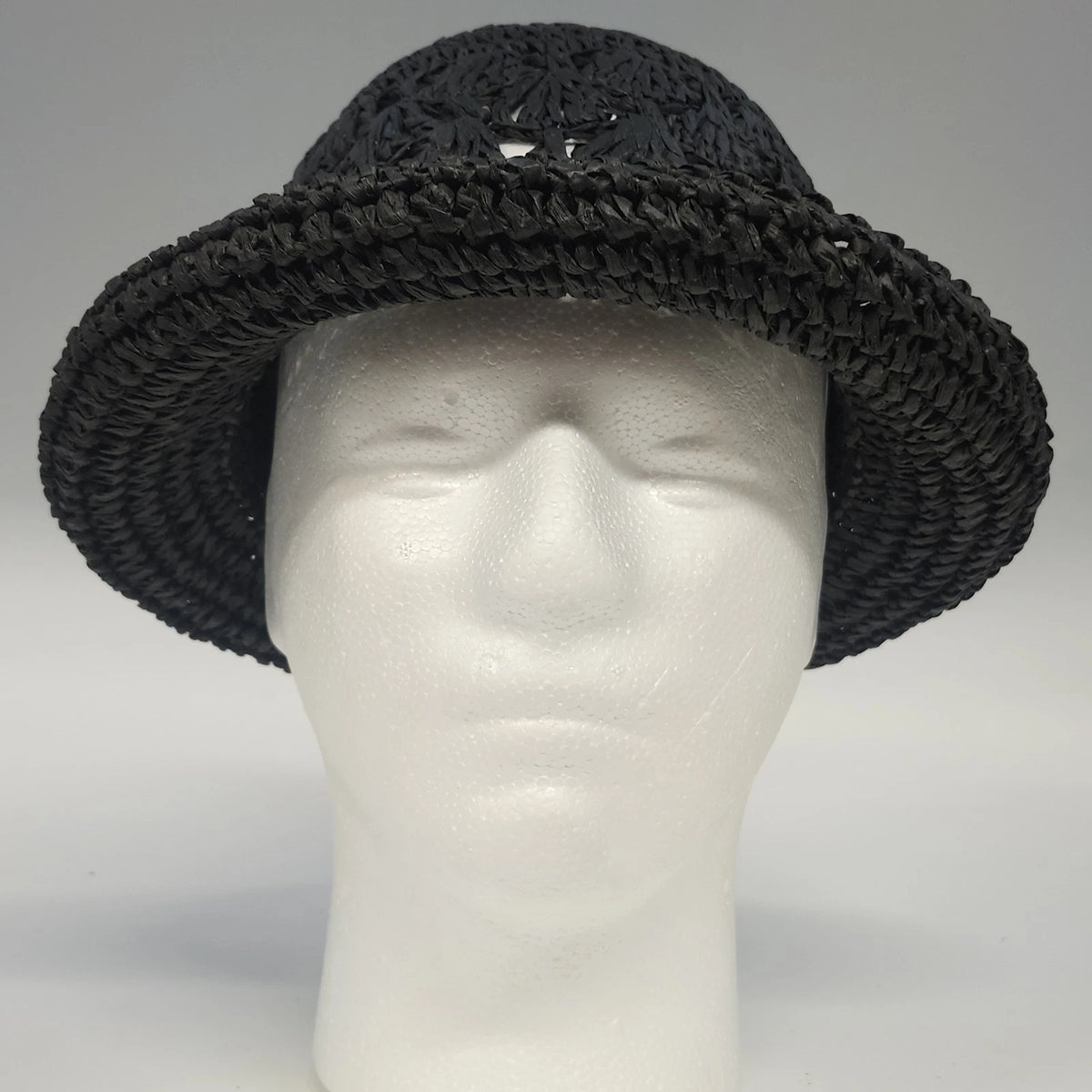 Women's Black Crochet Straw Cloche Hat Rolled Brim Cut Out Open Weave One Size