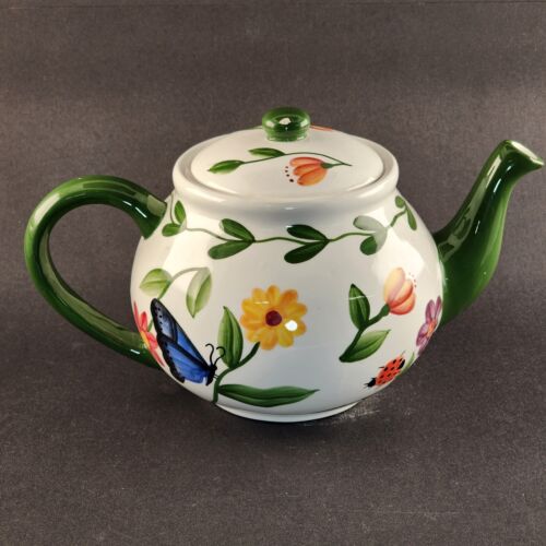 Pacific Rim Ceramic Teapot Hand Painted Butterflies Bugs Flowers White and Green