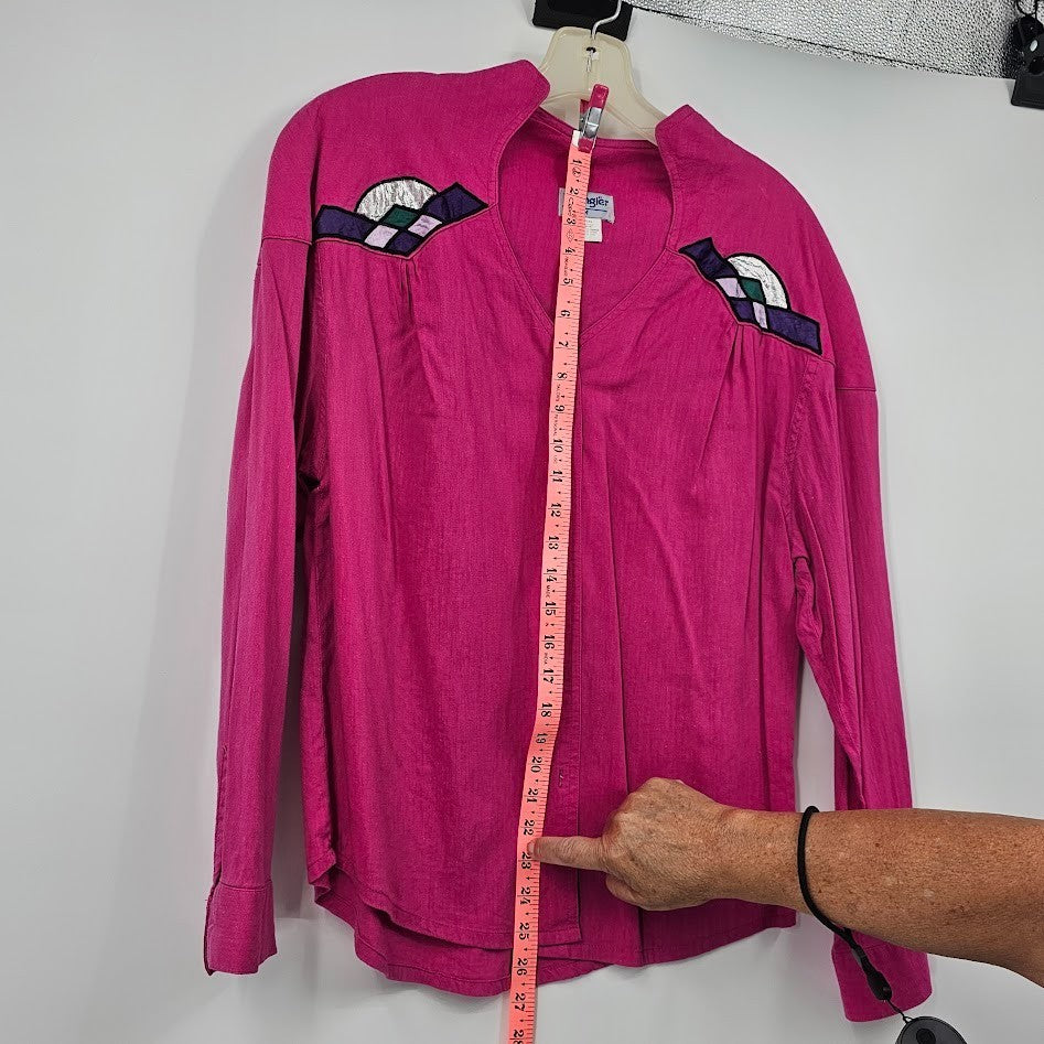 Wrangler Women’s Medium Pink Western Blouse Button Front Applique 90s Cowgirl Rodeo Shirt