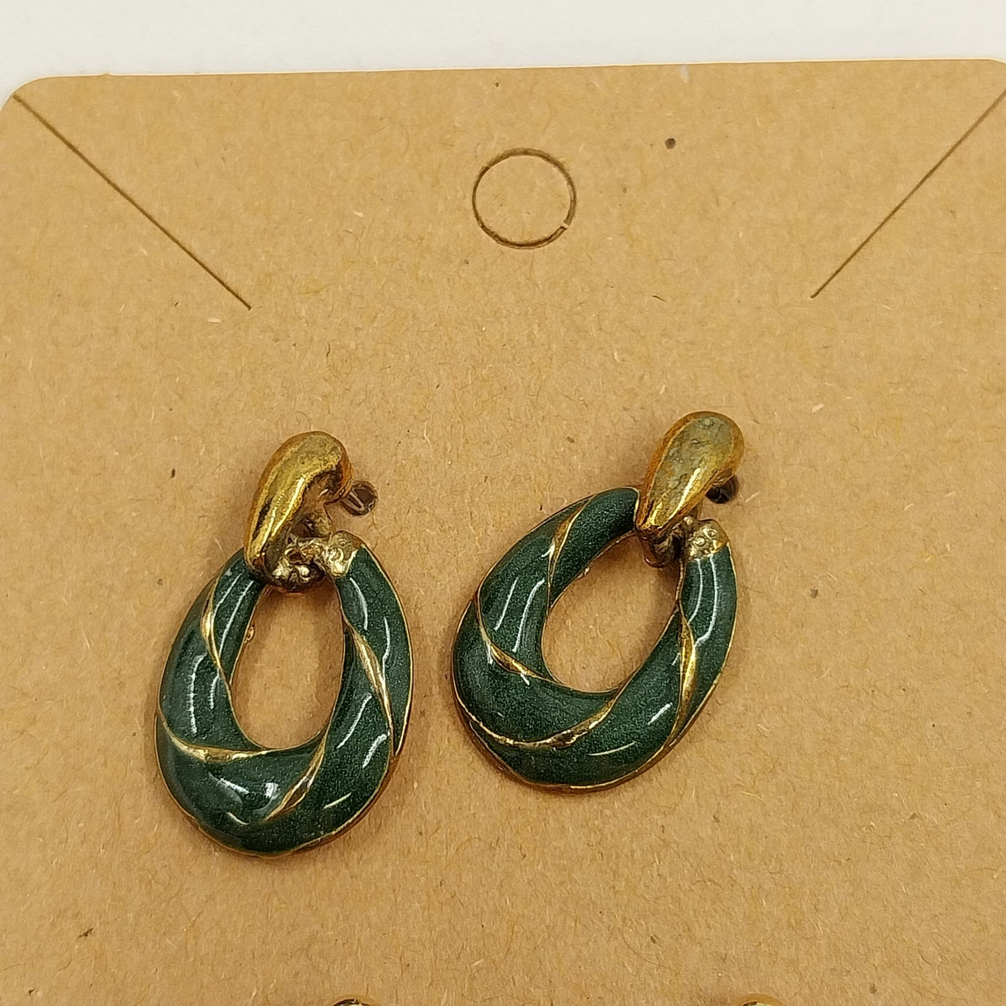 Set of 2 Drop Earrings Gold Tone Black Teardrop & Green Oval Dangle