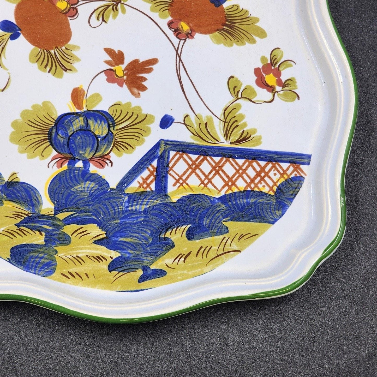 Faenza Italy CACF Ceramic Dish Garofano Carnation Pattern Green Trim 8 Inch