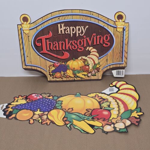 2 Pc Beistle Diecut Signs Cornucopia & Happy Thanksgiving 1978 Double Sided NOS