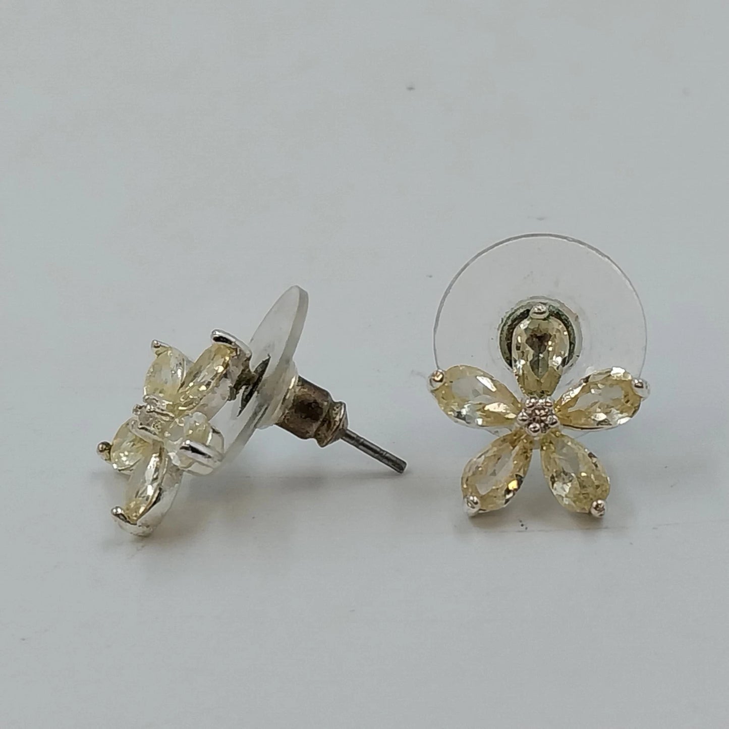 Yellow Flower Stud Earrings Pear Cut Faceted Stones Silver Tone Floral Jewelry