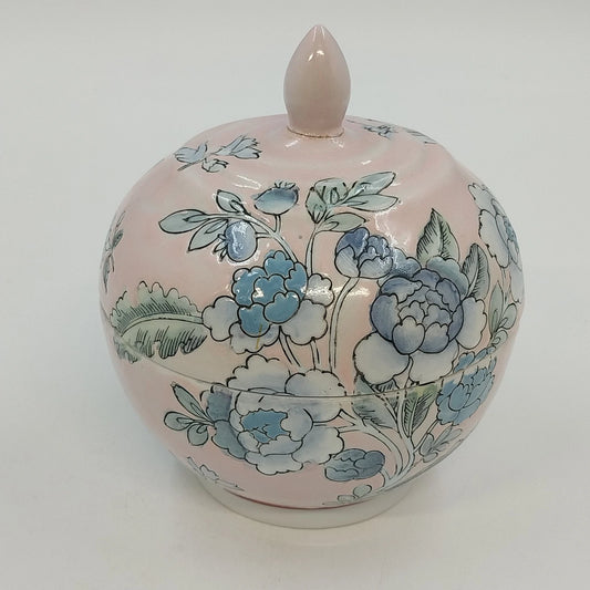 Chinese Hand Painted Porcelain Covered Bowl Pink Blue Floral Ginger Pot Jar Vtg