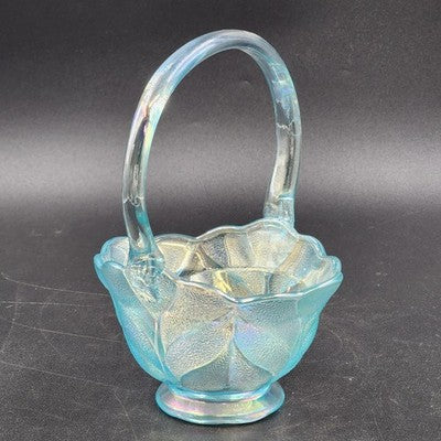 LE Smith Aqua Blue Stippled Glass Basket 6"w x 8.5" Applied Loose Handle AS IS