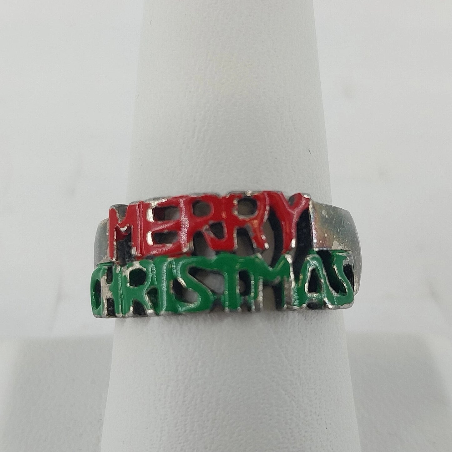 Merry Christmas Enamel Ring Red Green Silver Tone Band Size 9 Vintage Holiday