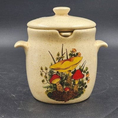 Ceramic Grease Drippings Jar w Lid Strainer Mushroom Homemade Pottery 1981 Vtg