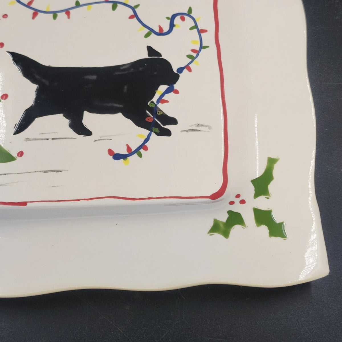 Prairie Dog Pottery Black Newfoundland Christmas Lights Square Plate 9.25" Holly