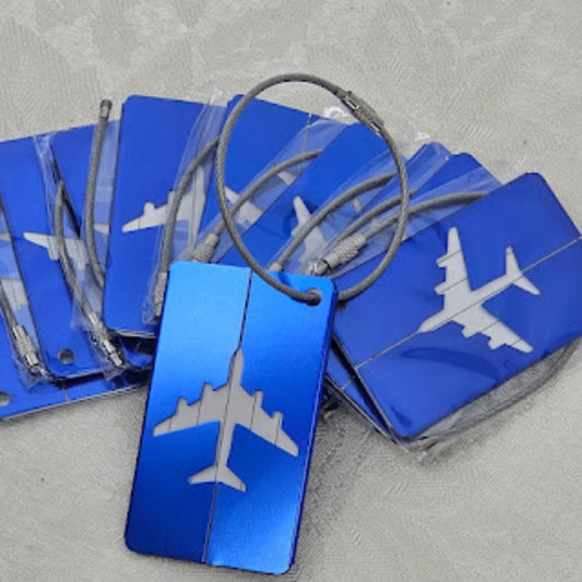 10pc Metallic Blue Travel Aluminum Luggage Tags Airplane 3" Cable Loop Lock NOS