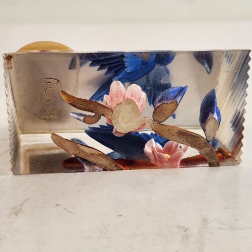 Acrylic Encased Bluebird Thermometer Desktop Paperweight Flowers Vintage 1960s