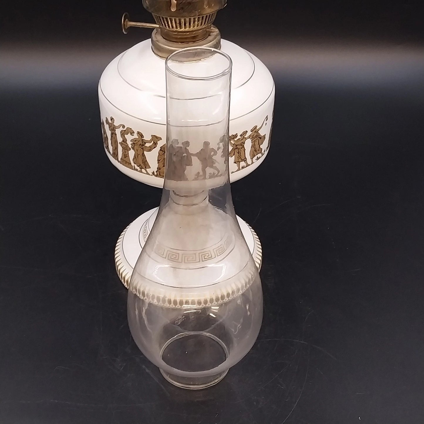 KE Strigos Greek Ceramic Oil Lamp 24K Gold Classical Figures Glass Chimney 18"