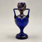 Art Nouveau Bohemian Cobalt Blue Glass Vase with Heavy Gold Gilding – 8" Tall – Dual Handles & Globe Top – Vintage European Display Piece