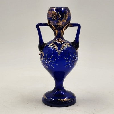 Art Nouveau Bohemian Cobalt Blue Vase 8" w Heavy Gold Gilding Handles Bubble Top