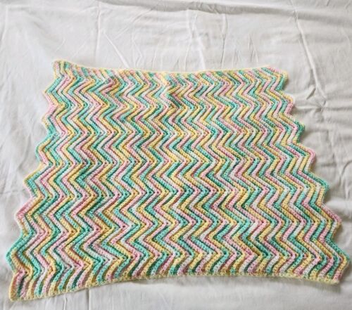 Hand Crocheted Baby Afghan Blanket Crib Throw Pink Yellow Green White 21" x 28"