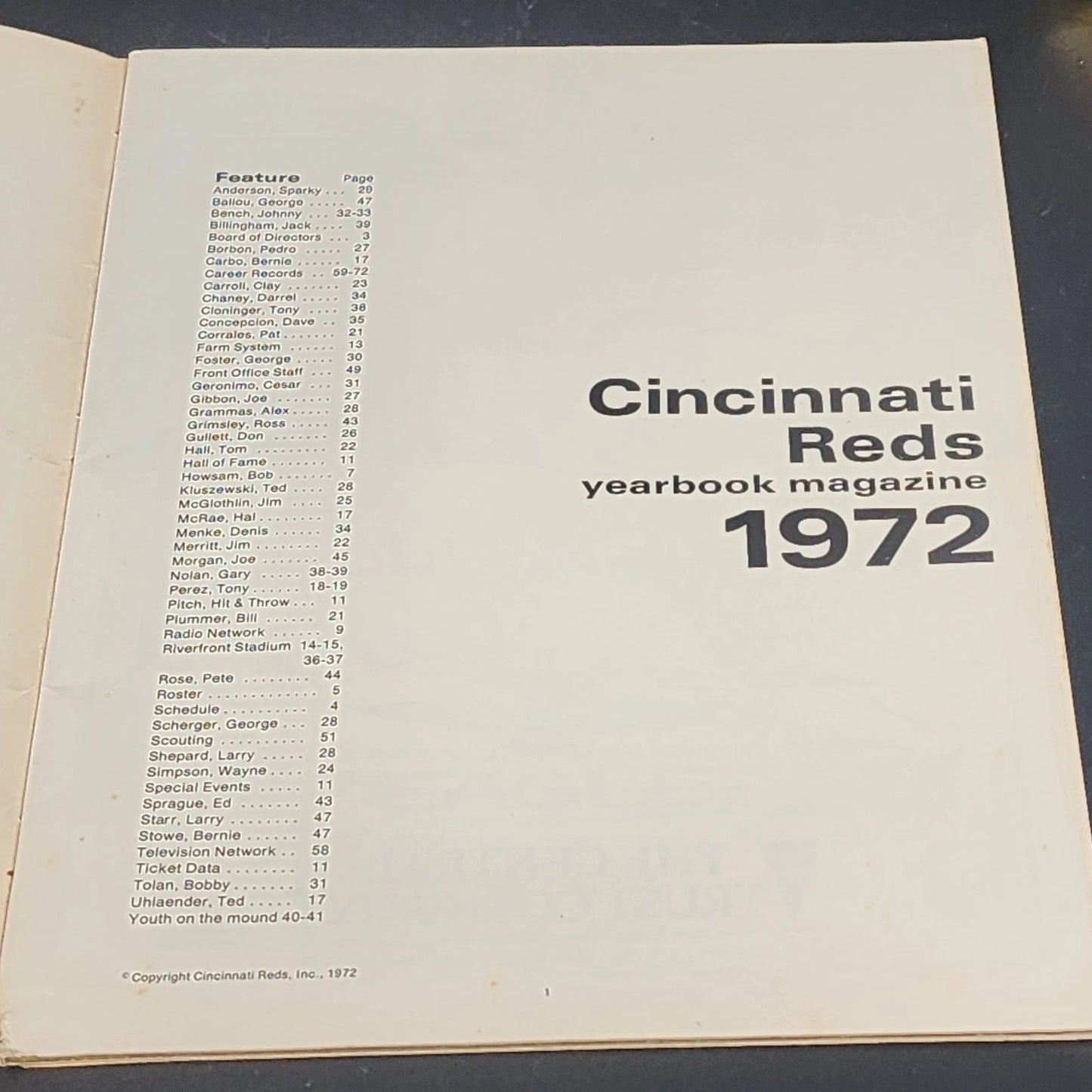 Cincinnati Reds 1972 Yearbook Johnny Bench Pete Rose Joe Morgan MLB Magazine Vtg