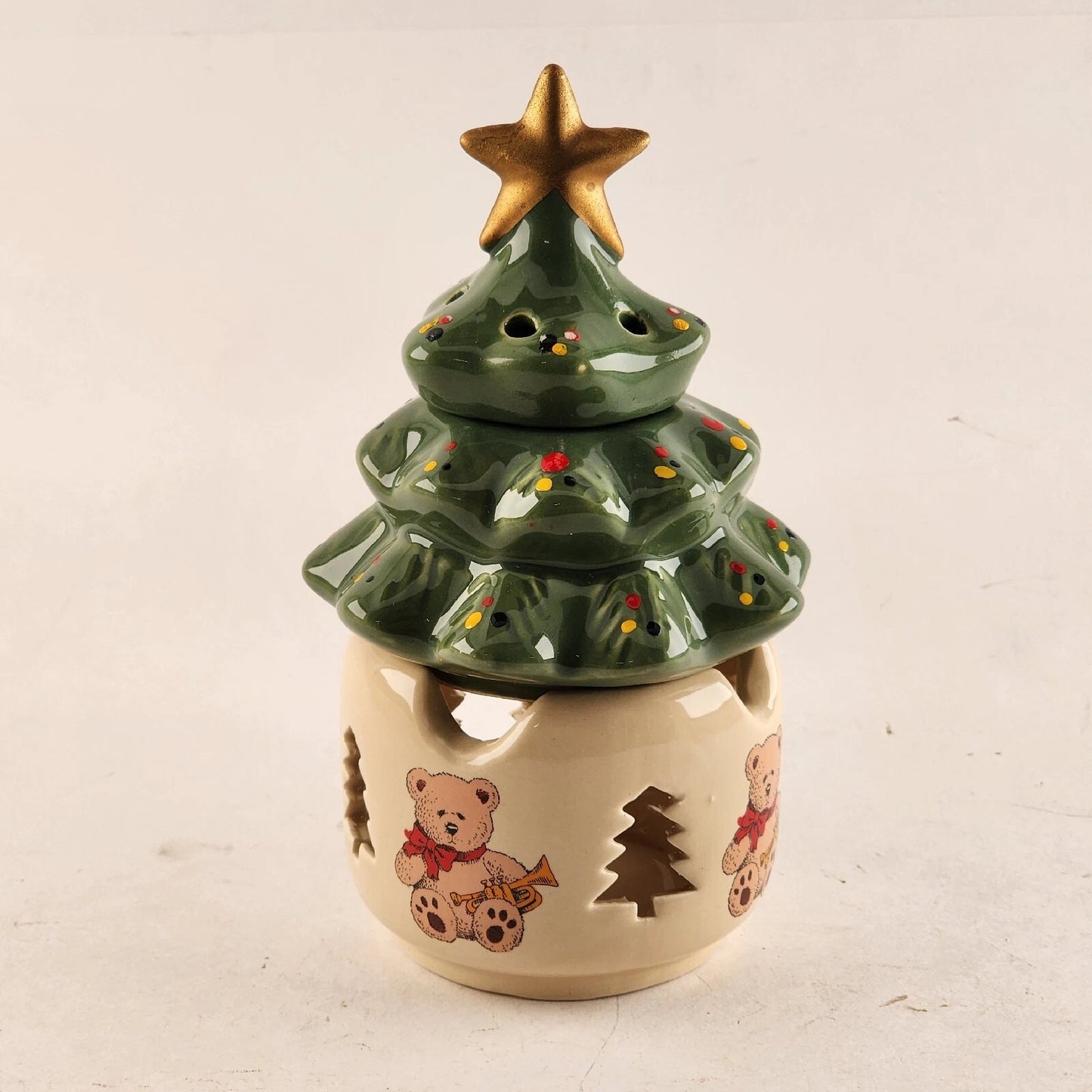 Christmas Tree Stoneware Potpourri Burner 6.5” Santa’s Shelf Teddy Bear Base NOS