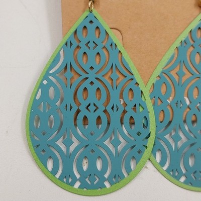 Plunder Turrquoise Green Teardrop Shaped Filagree Hook Drop/Dangle Earrings 3"