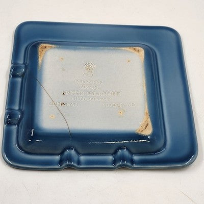Rookwood Art Pottery Vintage MCM Teal Blue White Ashtray 8.75" Square Repaired
