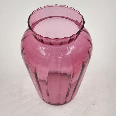 Vintage Pilgrim Cranberry Ribbed Art Glass Vase | 6” Tall | Hand-Blown Scalloped Rim Vase | Made in USA | Mid-Century Decor Accent