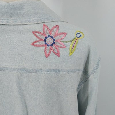 White Stag Light Denim Jacket XL Floral Embroidery 100% Cotton