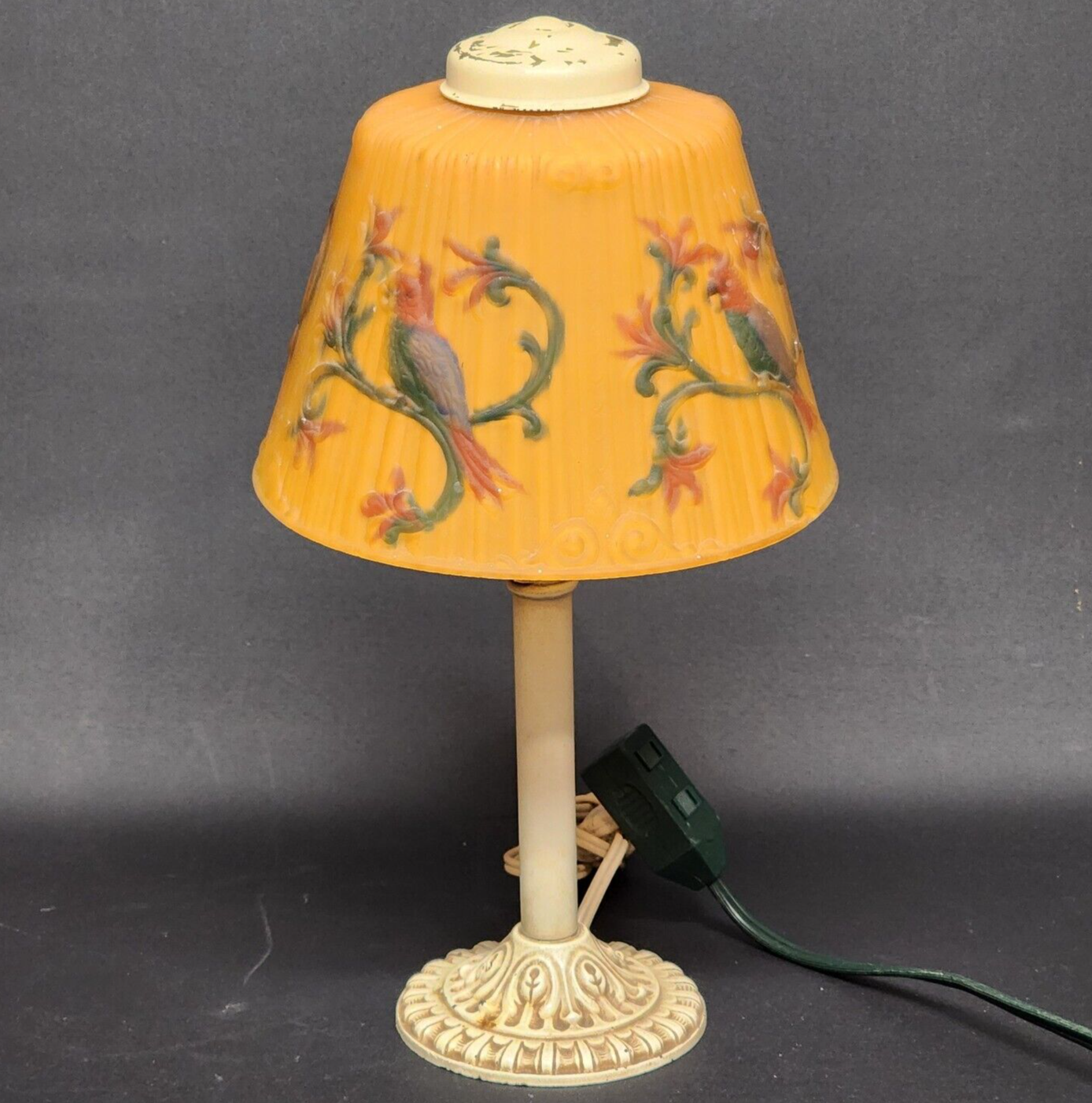 Reverse Painted Lamp Cast Iron Parrot Tropical Glass Shade Vintage Electric