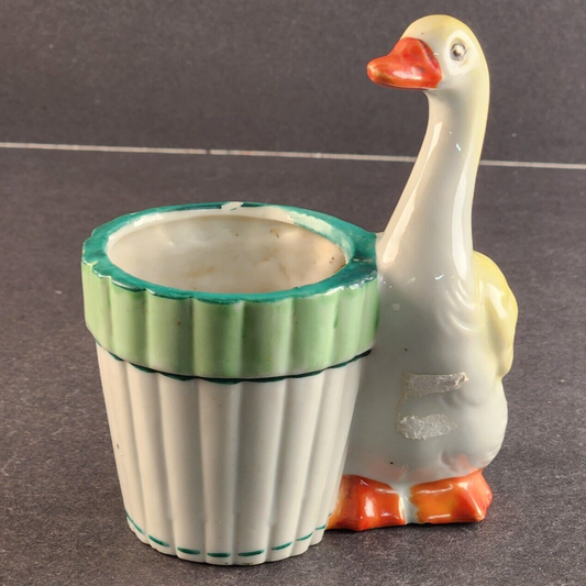 Ceramic Duck Flower Pot Garden Planter Yellow Green and White Vintage 5.5" High