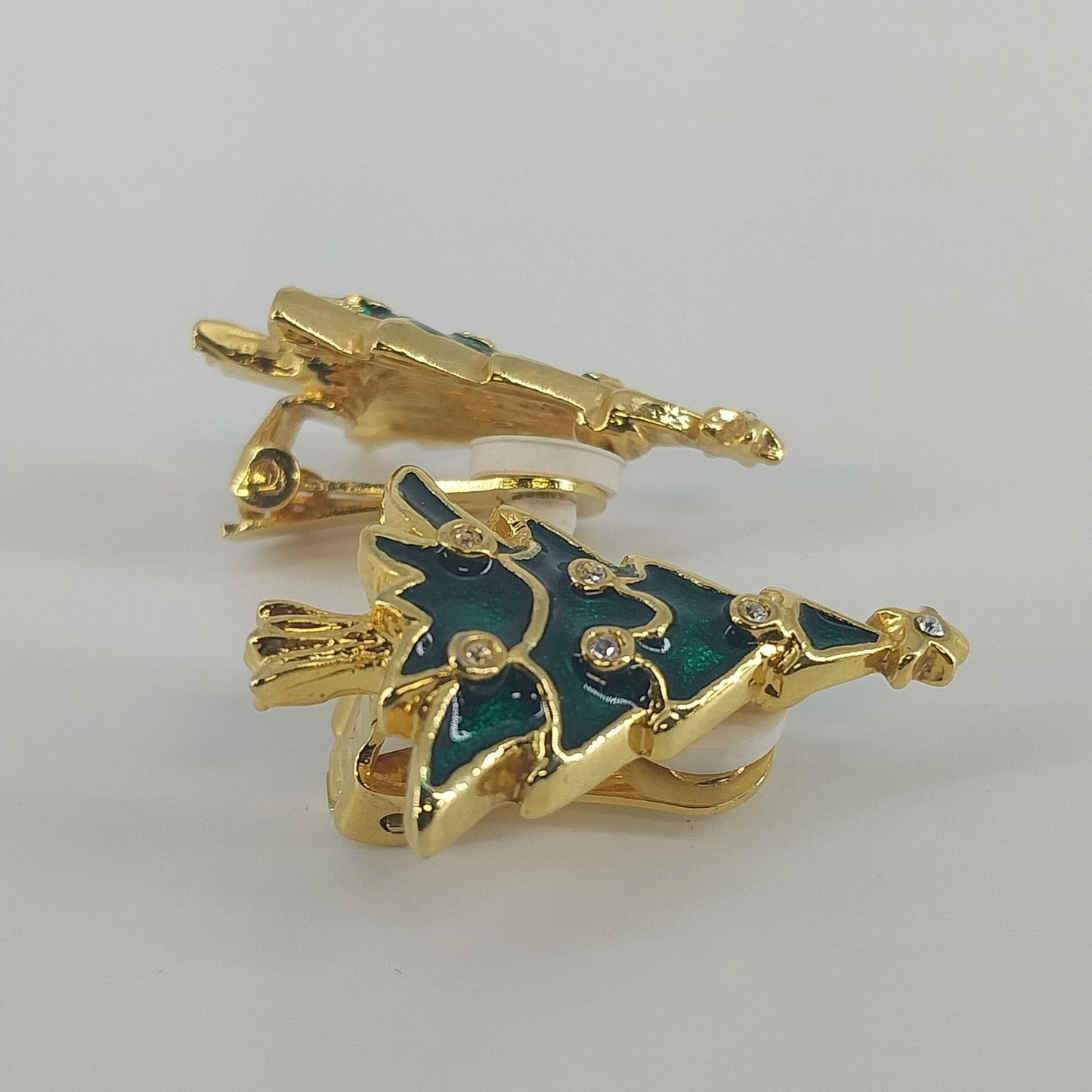 Christmas Tree Clip On Earrings Green Gold Tone Rhinestone Vintage Holiday 1990s
