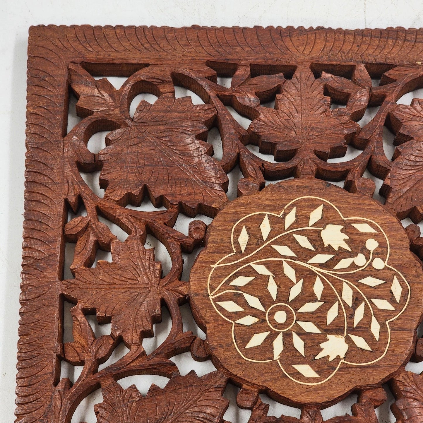Hand Carved Wood Trivet 8" Square Gold Inlay Floral Leaves Design India Vintage