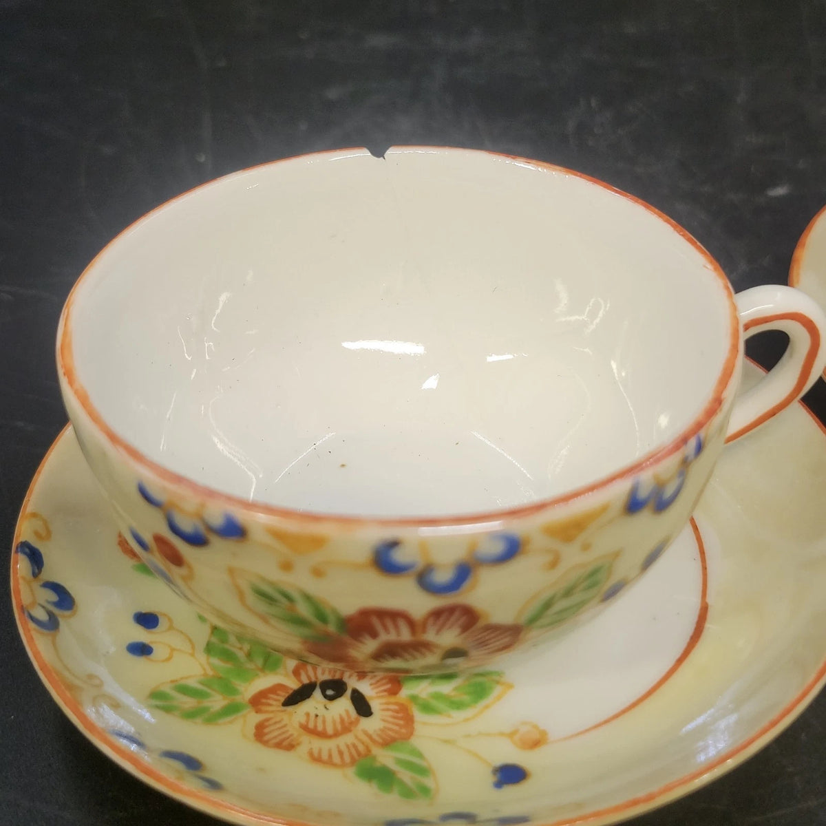 Porcelain Demitasse Cups & Saucers Set of 2 Hand Painted Floral Rim Chip Japan