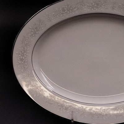 Noritake Cumberland Oval Serving Platter 11" White Flower Platinum Vintage Japan