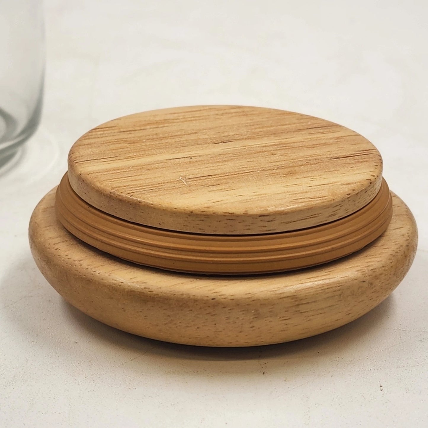 Clear Glass Storage Jar Teak Mushroom Wood Lid Airtight Rubber Seal 4"d x 4.5"h