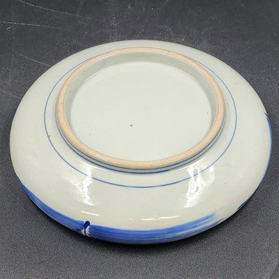 Japanese Porcelain Bowl Blue White Bamboo Dragonfly Design Curled Lip 9.5