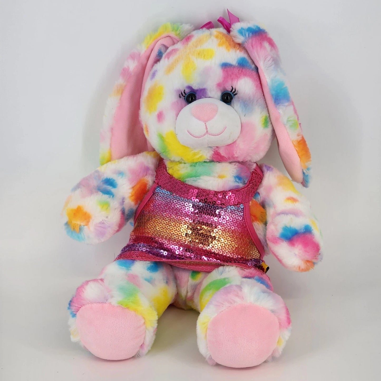 Build A Bear Tie Dye White Pastel Spotted Bunny Rabbit Plush 16" Pink Dress