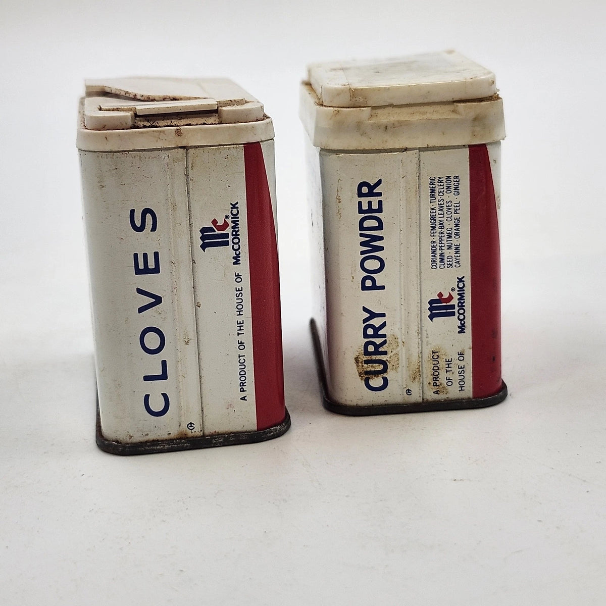 Schilling Ground Cloves Curry Powder 1.25 Oz Spice Tins Red White 2pc Vintage