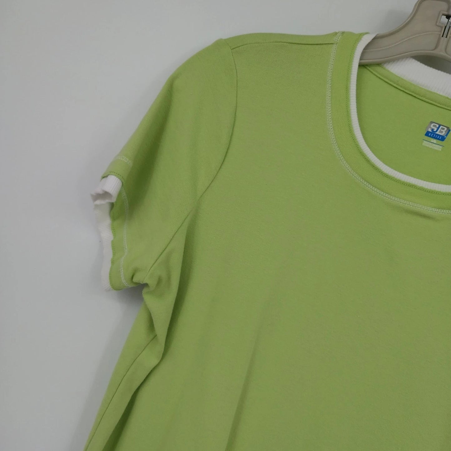 SB Active Ringer T Shirt Women's Large Lime Green White Trim Short Sleeve Cotton
