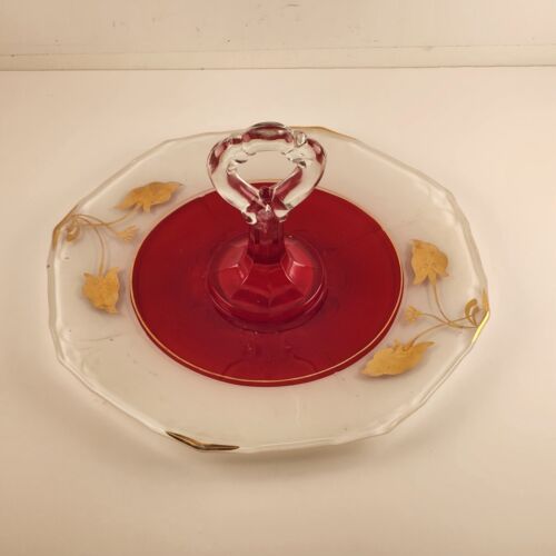 Indiana Glass Tidbit Serving Tray w Handle & 2 Candle Sticks Red White to Clear