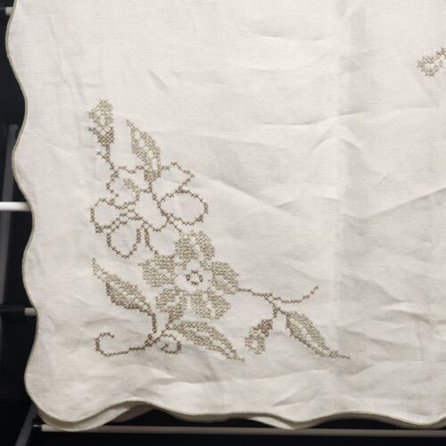 Linen Tablecloth Ecru with Tan and Beige Cross Stitch Floral Pattern 65" x 50"